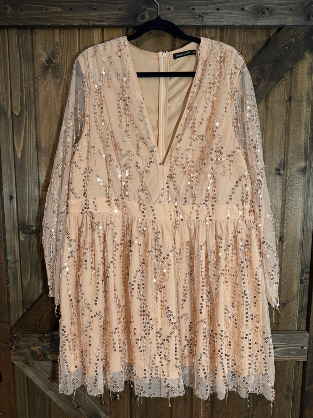 Embellished Blush Long Sleeve V-Neck Party Dress